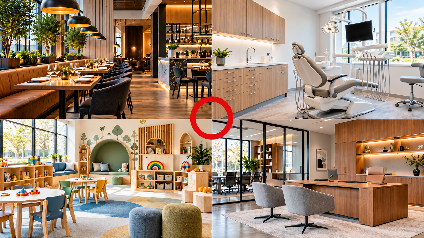 Commercial interiors including restaurant, dental, daycare and professional office spaces