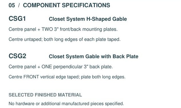 CSG1 and CSG2 closet system gable component specifications
